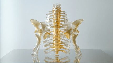Fototapeta premium Complete spinal model showcases the cervical, thoracic, lumbar, and sacral vertebrae, including stunning reflections on a glass surface