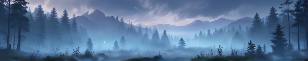 Obraz premium Blue mist floating over a peaceful forest landscape, Nature's Wonders, Calming Scene, Peaceful Sanctuary