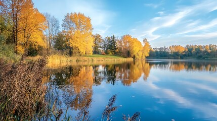 Obraz premium Autumnal lake scenery with golden trees. Tranquil fall landscape.