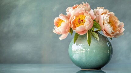 Delicate peach peonies in a teal vase, soft lighting, studio shot.