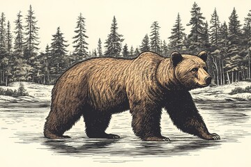 Obraz premium Majestic Brown Bear Engraving Illustration