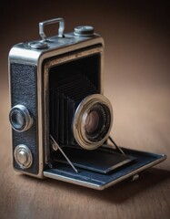 vintage camera close up, realistic illustration