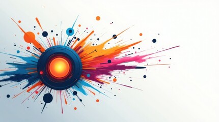 Abstract Motion Energy: A dynamic modern art piece with swirling shapes, vivid colors like electric blue and orange, and sharp streaks symbolizing speed, innovation, and vibrancy, set against a light 