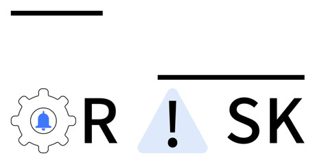 Gear with alert bell on left, exclamation point inside triangle center, letters R and SK toward right, implying RISK. Ideal for safety, business, finance, compliance, project management decision