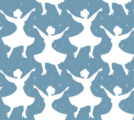 Vector seamless pattern with white silhouette of dancing women in dress on blue background. Festive texture with dancer. Holiday wallpaper