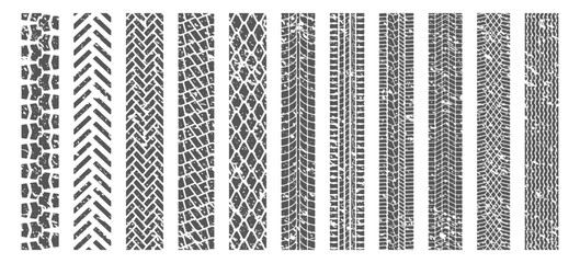 Tire Tracks. High-quality vector set of detailed tread seamless patterns for automotive design, road mark studies, and creative projects.