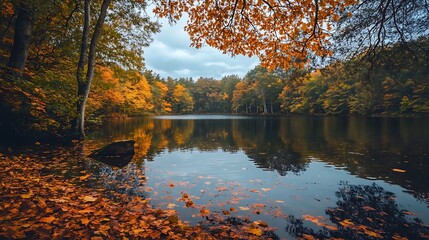 Obraz premium Autumnal lake scenery. Tranquil fall landscape with colorful foliage.