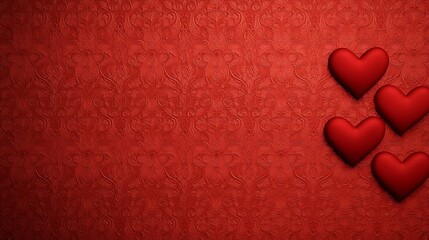 Obraz premium A vibrant red background adorned with decorative patterns, featuring several three-dimensional red hearts, creating a romantic and festive atmosphere.