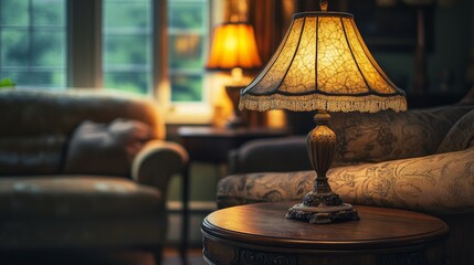 Ornate table lamp with vintage detailing softly lights up a classic living room with carved wood furniture and antique decor.