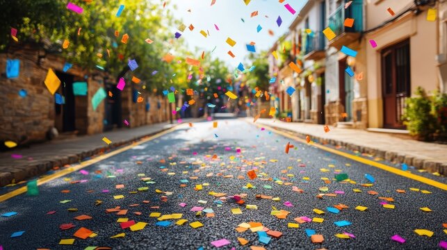 A vibrant city street with confetti falling, leaving blank areas for text