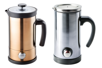 Compact milk frother with black and silver accents isolated on transparent background.