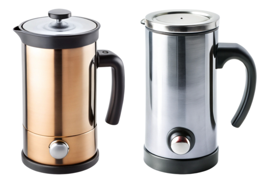 Compact milk frother with black and silver accents isolated on transparent background.