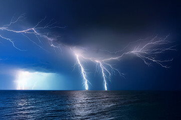Ein starkes Gewitter mit mehreren Blitzen &uuml;ber einem Meer