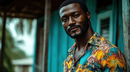 Man in floral shirt outdoors	