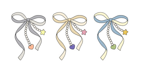 aesthetic pastel ribbon bow, star and heart pendant necklace decoration and dressing isolated drawing elements. vector illustration