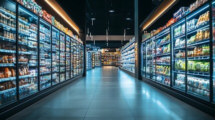 Grocery store aisle with refrigerated displays. Concept of food, shopping, and retail.