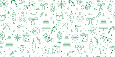 Obraz premium Linear Christmas doodles seamless pattern. Festive banner, background, cover, greeting card, poster, flyer. Retro vintage style. Line art. Bows, snowflakes, gifts, greenery. Vector.