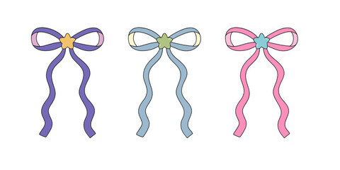 aesthetic pastel purple blue pink ribbon bow. decoration and dressing isolated drawing elements. vector illustration