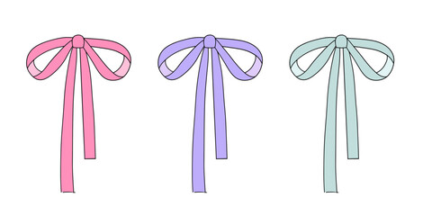 aesthetic pastel pink purple green ribbon bow. decoration and dressing isolated drawing elements. vector illustration