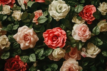 Naklejka premium Floral Wedding Backdrop: Traditional Rose and Green Decor for a Celebratory Love-Filled Day