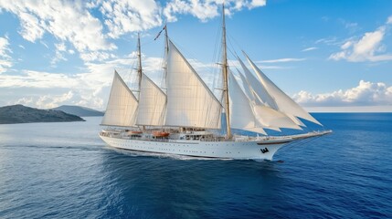 Fototapeta premium A majestic sailing ship gracefully gliding across the blue ocean