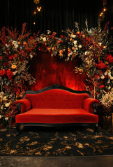 Vibrant Red Velvet Sofa on a Wedding Stage Surrounded by Roses and Candlelight