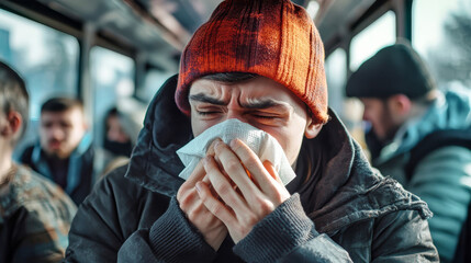 Young man sneezes in crowded train while battling flu symptoms and feeling unwell among commuters