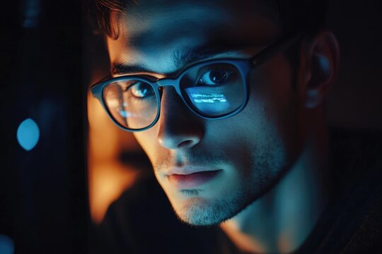 Focused Young Coder in Glasses Working Late at Night on a Deadline, Typing Code and Managing Database from Home
