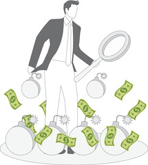 Businessman holding magnifying glass standing between banknotes and bombs to analyze and observe, analyze financial risk and crisis, avoid risk to find money, financial investment risk analysis