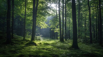 Fototapeta premium Sunlight filtering through a lush forest. Concept of nature, tranquility, and serenity.
