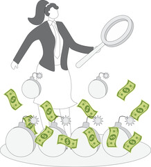 Businesswoman holding magnifying glass standing between banknotes and bombs to analyze and observe, analyze financial risk and crisis, avoid risk to find money, financial investment risk analysis