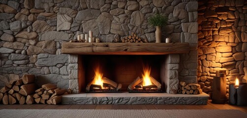 Cozy stone fireplace with crackled logs and warm ambiance , stone, natural, ambiance