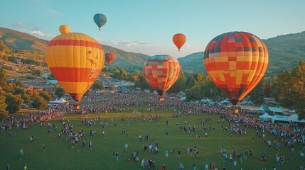 Colorful hot air balloons rise above a crowd at a festival in a scenic landscape.
