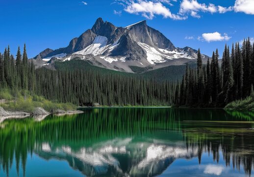 Beautiful mountain lake with green water, forest and snow capped mountains in the background