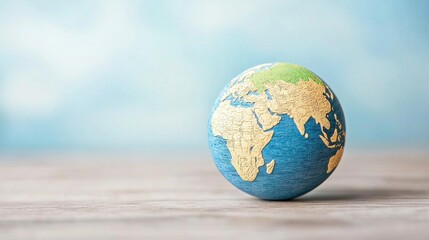 A colorful globe rests on a wooden surface, depicting continents and oceans, with a soft blue background suggesting a serene atmosphere.