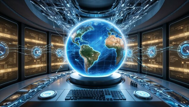 A futuristic digital globe, pulsing with binary code, symbolizes global internet communication and data transfer in the modern tech world - Powered by Adobe
