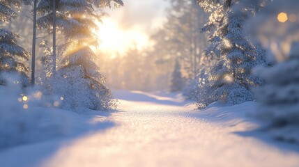 Fototapeta premium A peaceful winter background with sunshine reflecting off the snow, perfect for Christmas cards or for wintery desktop wallpaper (background intentionally out of focus).