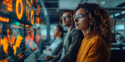 A group of focused young professionals in a dimly lit room analyze digital data displayed on large screens, symbolizing technology, teamwork, and modern analytics.