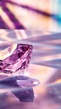 Glistening pink gemstone reflecting light with vibrant colors in an artistic arrangement