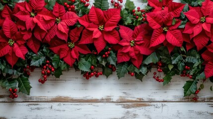 Fototapeta premium Festive Christmas garland of red poinsettias and holly berries on rustic white wood.