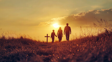 Cherishing moments together as a family on an Easter evening with a sunset backdrop and a cross symbolizing hope