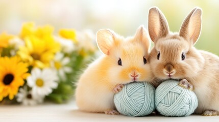 Two adorable rabbits sitting beside yarn balls with flowers in the background.