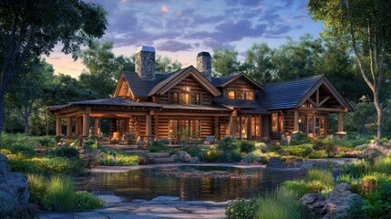 Fototapeta premium Charming log cabin lake house surrounded by lush summer greenery.