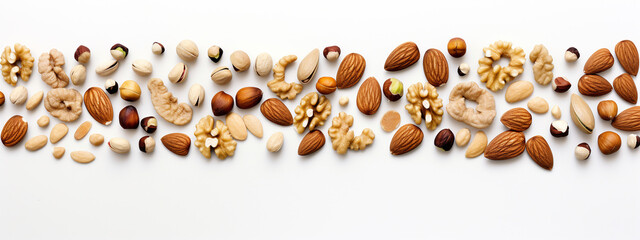 Assorted nuts arranged on a white background
