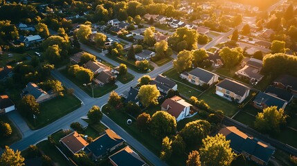 Aerial view of residential neighborhood at sunset. Concept of suburban living, community, and real estate.