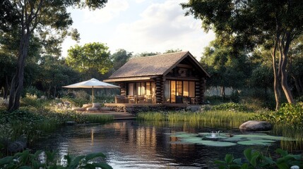 Obraz premium Scenic Wood Cabin by a Tranquil Pond in a Forested Landscape