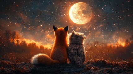 Two animals gazing at a full moon in a starry night sky.