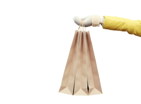 Purchase, female hand holding showing paper shopping bags, gift isolated on white background