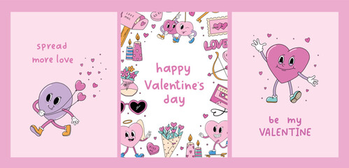 cute Valentine's day greeting cards, posters, banners, prints, templates decorated with lettering quotes and doodles. EPS 10