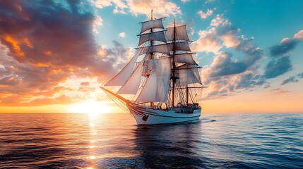 Obraz premium Majestic sailing ship at sunset. Concept of adventure, exploration, and maritime history.